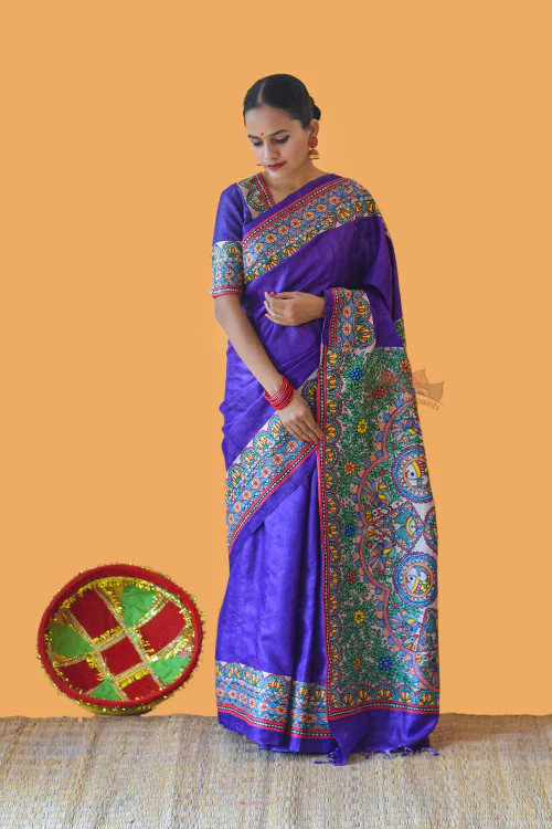Madhubani Paints Handpainted Madhubani 'Manohara' Tussar Silk Saree - Image 4