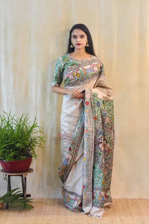 MANORATH Handpainted Madhubani Tussar Silk Saree Madhubani Paints - Image 3