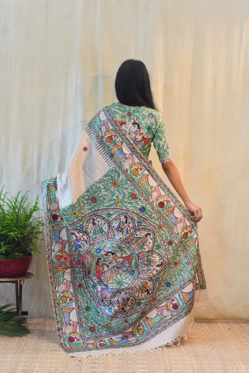 MANORATH Handpainted Madhubani Tussar Silk Saree Madhubani Paints - Image 4