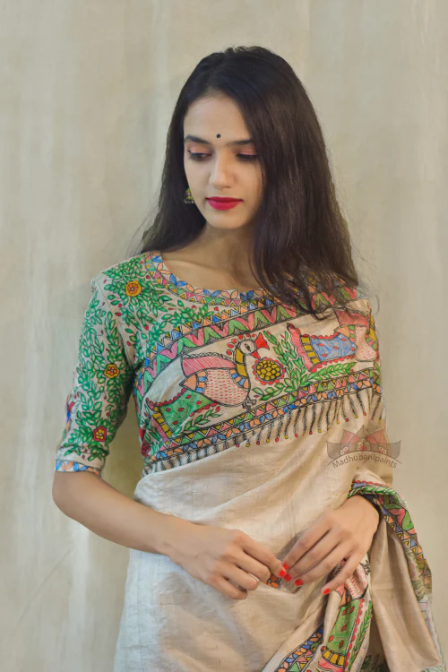 MANORATH Handpainted Madhubani Tussar Silk Saree Madhubani Paints - Image 5