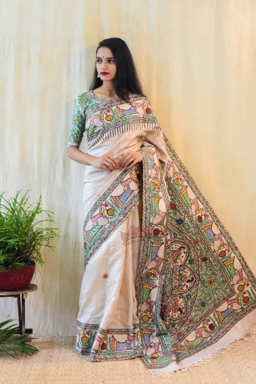 MANORATH Handpainted Madhubani Tussar Silk Saree Madhubani Paints - Image 6
