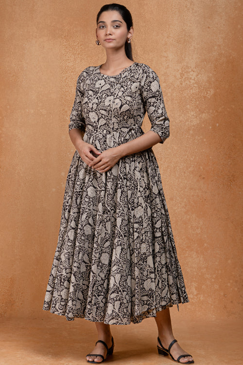 Okhai "Masquerade" Mirrorwork Handblock Printed Pure Cotton Fit and Flare Dress - Image 4