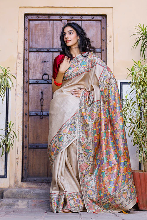 Diorama Designs Madhubani Hand-painted Matasya Silk Saree - Image 3