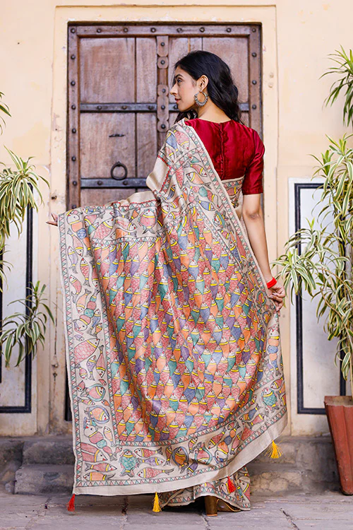 Diorama Designs Madhubani Hand-painted Matasya Silk Saree - Image 5
