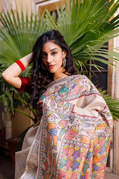 Diorama Designs Madhubani Hand-painted Matasya Silk Saree - Image 6