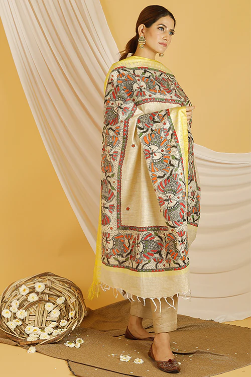 Madhubani Paints 'Matsya' Madhubani Handpainted Pure Handloom Cotton Dupatta