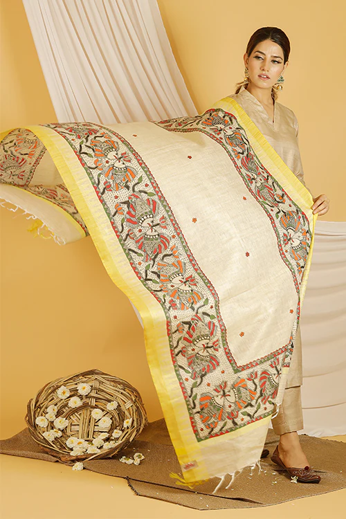 Madhubani Paints 'Matsya' Madhubani Handpainted Pure Handloom Cotton Dupatta - Image 2