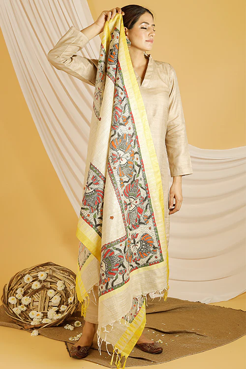 Madhubani Paints 'Matsya' Madhubani Handpainted Pure Handloom Cotton Dupatta - Image 4