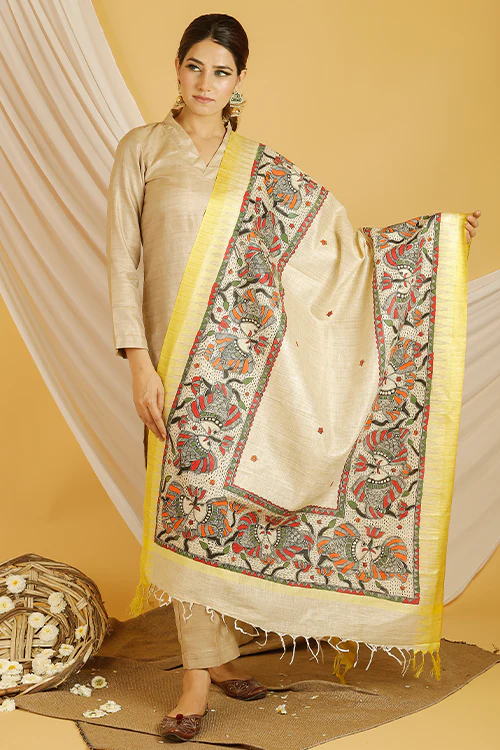Madhubani Paints 'Matsya' Madhubani Handpainted Pure Handloom Cotton Dupatta - Image 5