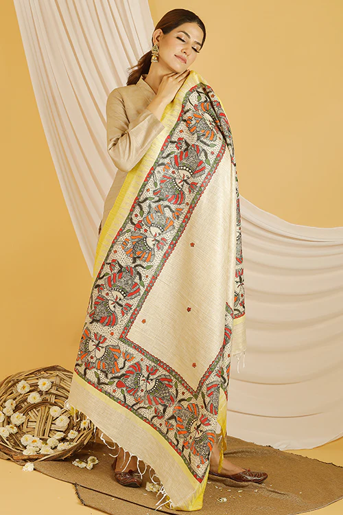 Madhubani Paints 'Matsya' Madhubani Handpainted Pure Handloom Cotton Dupatta - Image 6