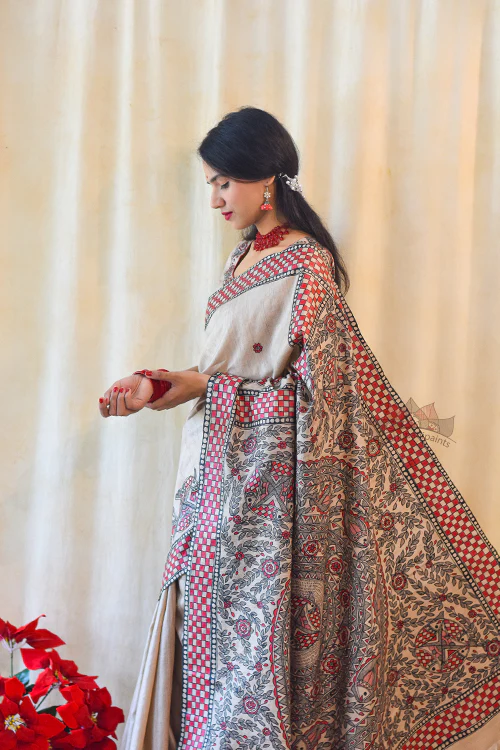 Madhubani Paints Handpainted Madhubani MATSYA UTSAV Tussar Silk Saree - Image 3