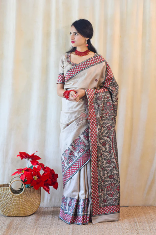 Madhubani Paints Handpainted Madhubani MATSYA UTSAV Tussar Silk Saree - Image 4