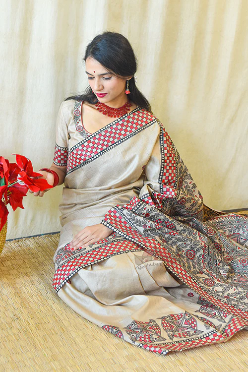 Madhubani Paints Handpainted Madhubani MATSYA UTSAV Tussar Silk Saree - Image 5