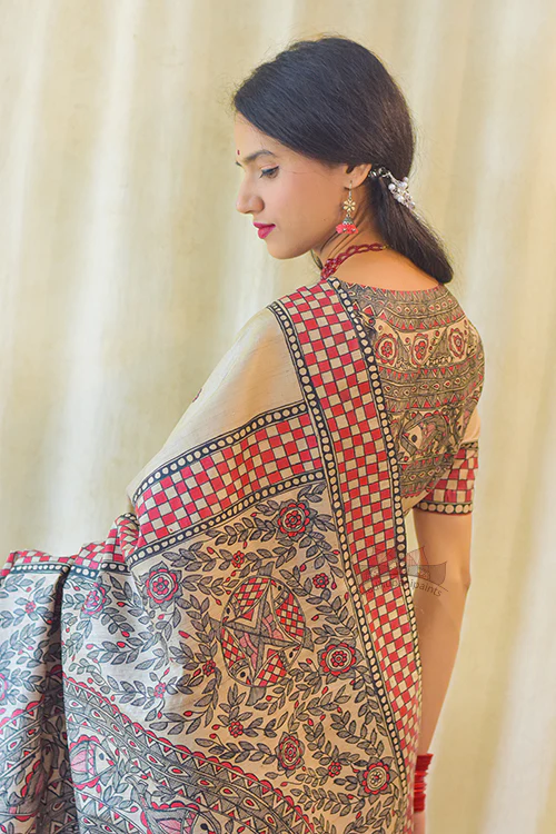 Madhubani Paints Handpainted Madhubani MATSYA UTSAV Tussar Silk Saree - Image 6