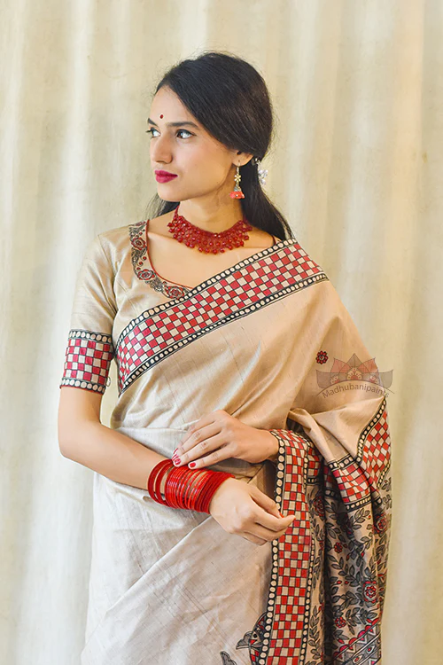 Madhubani Paints Handpainted Madhubani MATSYA UTSAV Tussar Silk Saree - Image 7