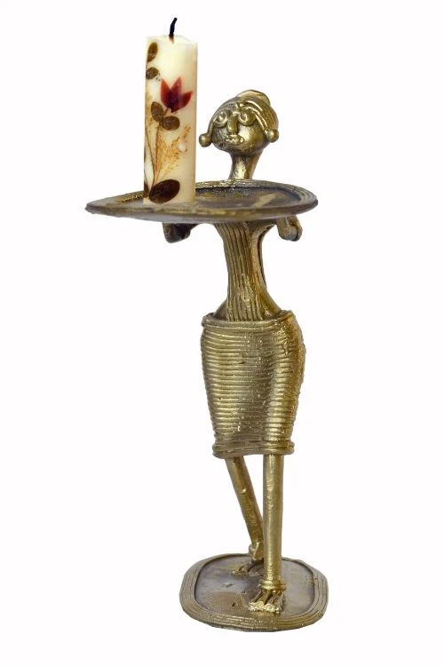 Miharu Dhokra Standing Tribal Lady Candle Stand - Image 4