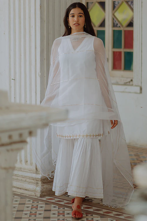 Okhai 'Milky Swan' Gota Patti Kurta Sharara Dupatta Set - Image 3