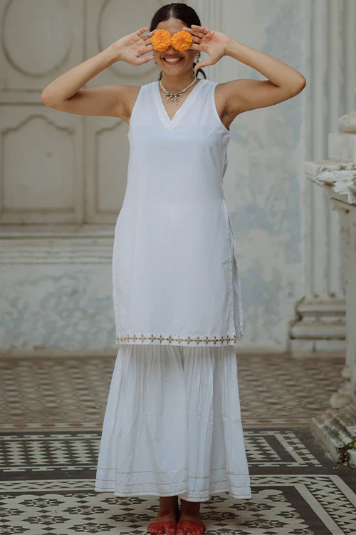 Okhai 'Milky Swan' Gota Patti Kurta Sharara Dupatta Set - Image 6
