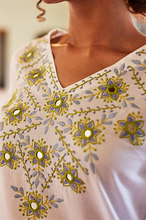 Okhai 'Moonglow' Hand Embroidered Mirror Work Pure Cotton Long Kurta - Image 2