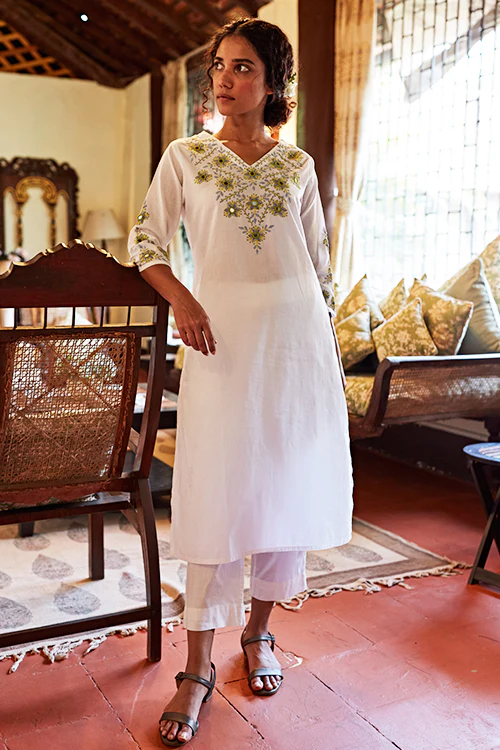 Okhai 'Moonglow' Hand Embroidered Mirror Work Pure Cotton Long Kurta - Image 3