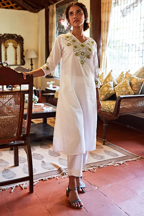 Okhai 'Moonglow' Hand Embroidered Mirror Work Pure Cotton Long Kurta - Image 4