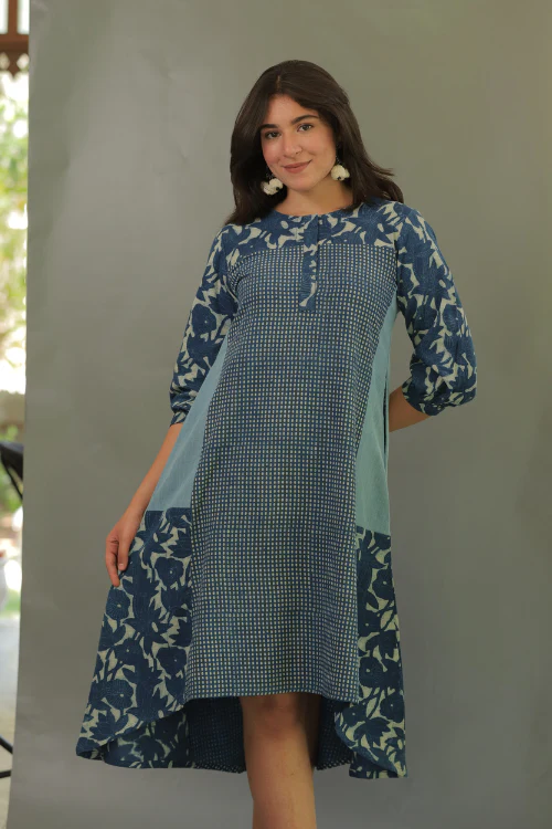 Moralfibre Natural Indigo Multi Print Dress With 3/4Th Sleeves - Image 2