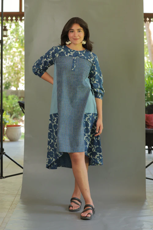 Moralfibre Natural Indigo Multi Print Dress With 3/4Th Sleeves - Image 3