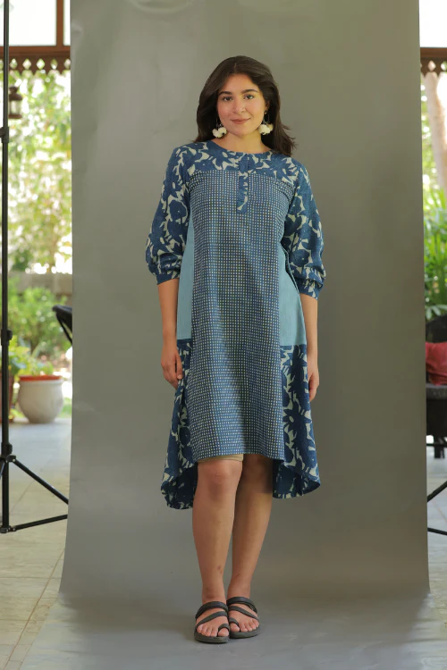 Moralfibre Natural Indigo Multi Print Dress With 3/4Th Sleeves - Image 4