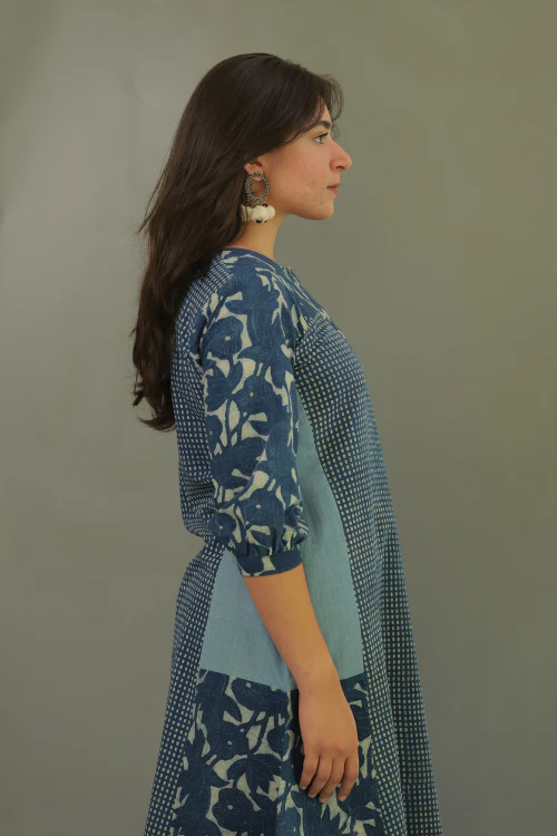 Moralfibre Natural Indigo Multi Print Dress With 3/4Th Sleeves - Image 5