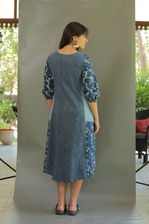 Moralfibre Natural Indigo Multi Print Dress With 3/4Th Sleeves - Image 6