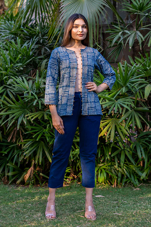 Moralfibre Cane Handblock Print Indigo Jacket With Hand Made Potli Details - Image 3