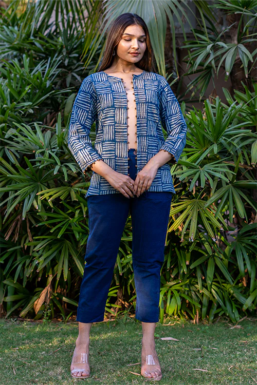 Moralfibre Cane Handblock Print Indigo Jacket With Hand Made Potli Details - Image 4