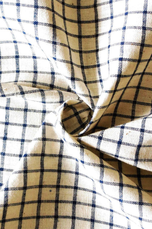 Moralfibre Fabric Is 100% Cotton Organic Handspun Handwoven, Cream & Blue Organic Or Natural  Yarn Dyed Checks Fabric - Image 3