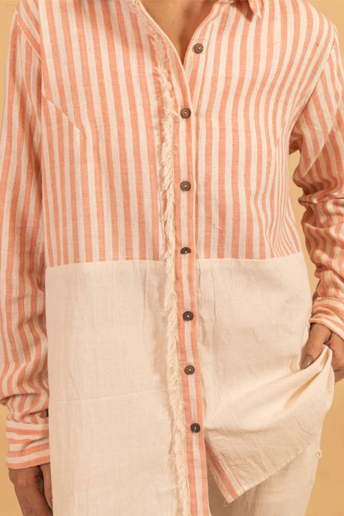 Moralfibre Frayed Trim Placket Shirt From "Shapes Collection " - Ecru & Peach - Image 2