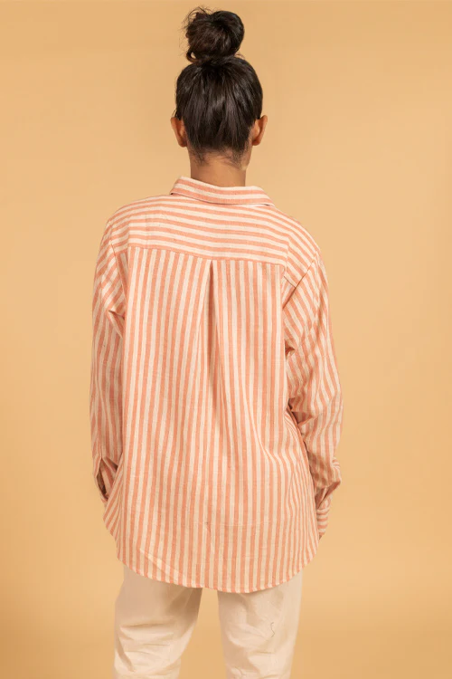 Moralfibre Frayed Trim Placket Shirt From "Shapes Collection " - Ecru & Peach - Image 3