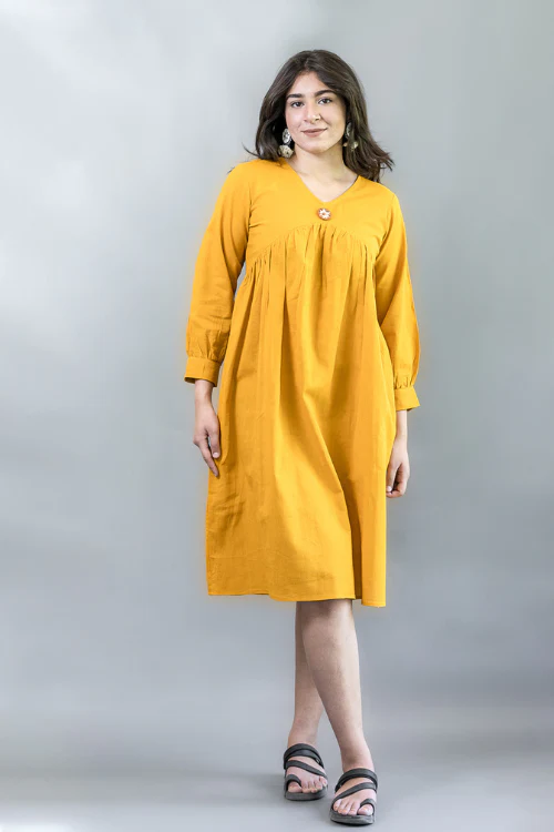Moralfibre Golden Yellow Dress With Hand Embroidered, Mirrored Broach & Folded Sleeve Pattern