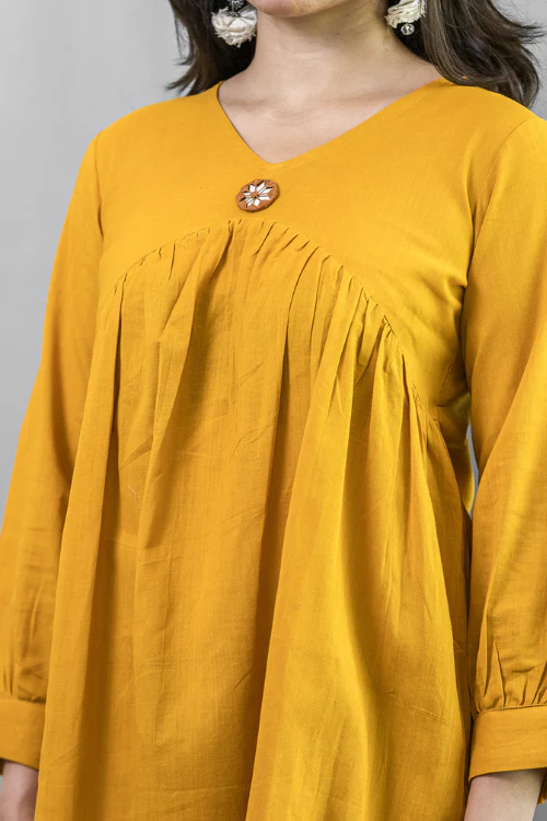 Moralfibre Golden Yellow Dress With Hand Embroidered, Mirrored Broach & Folded Sleeve Pattern - Image 2