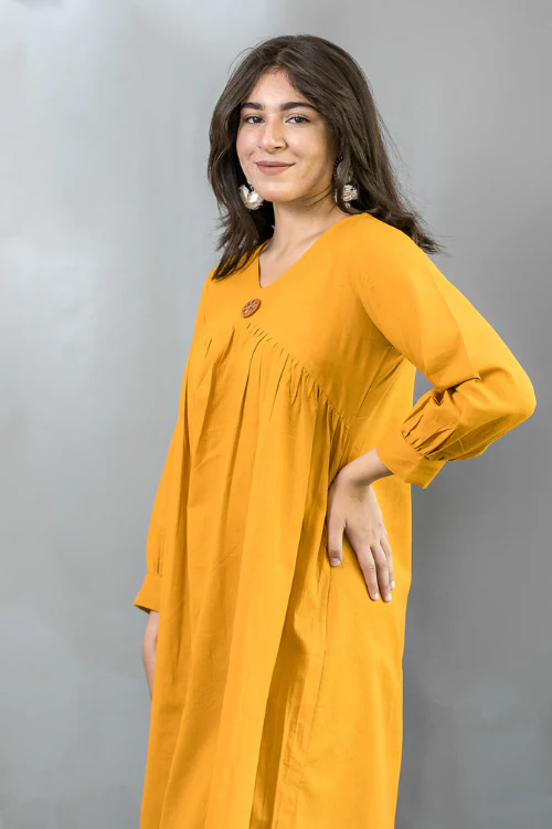 Moralfibre Golden Yellow Dress With Hand Embroidered, Mirrored Broach & Folded Sleeve Pattern - Image 3