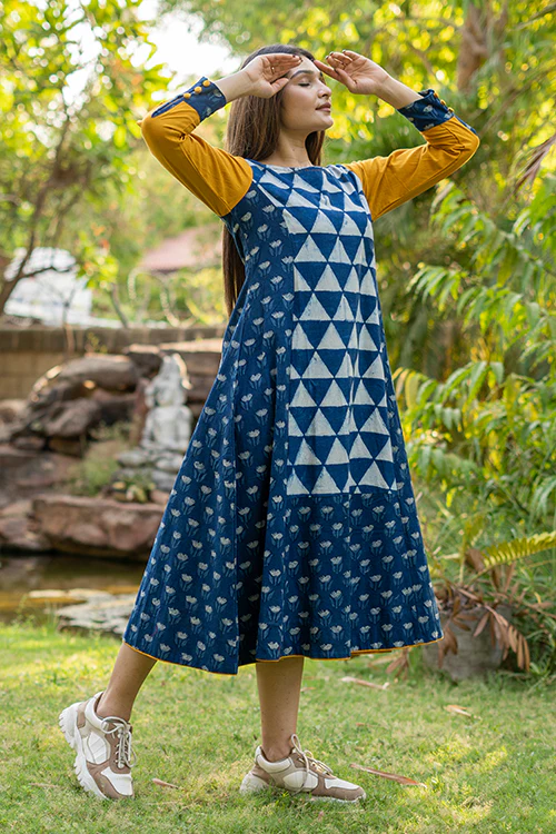 Moralfibre Handblock Printed Indigo Dress With Golden Yellow Sleeves - Image 4