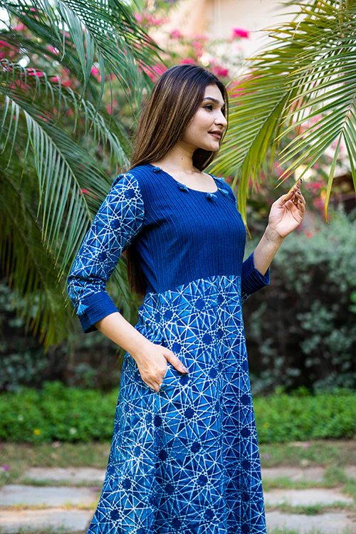 Moralfibre Handblock Printed Indigo Dress With Hand Made Fumti Details - Image 3