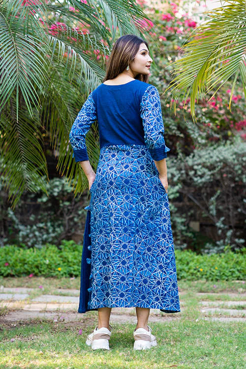 Moralfibre Handblock Printed Indigo Dress With Hand Made Fumti Details - Image 4