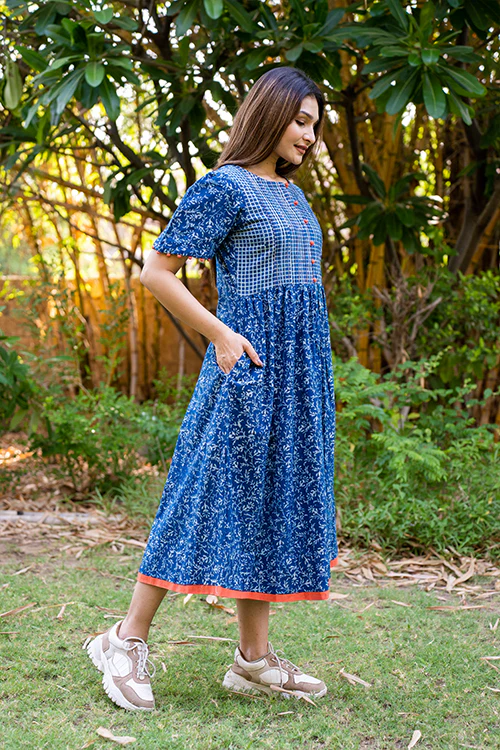 Moralfibre Handblock Printed Indigo Dress  With Peach Pintucks And Hand Made Potli Details - Image 3