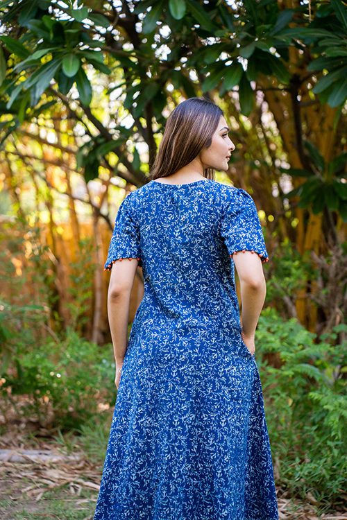 Moralfibre Handblock Printed Indigo Dress  With Peach Pintucks And Hand Made Potli Details - Image 4