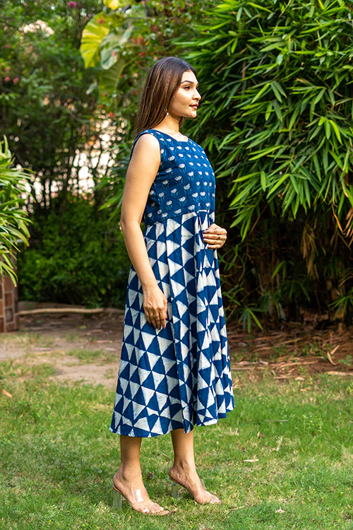 Moralfibre Handblock Printed Indigo Sleeveless Dress - Image 3