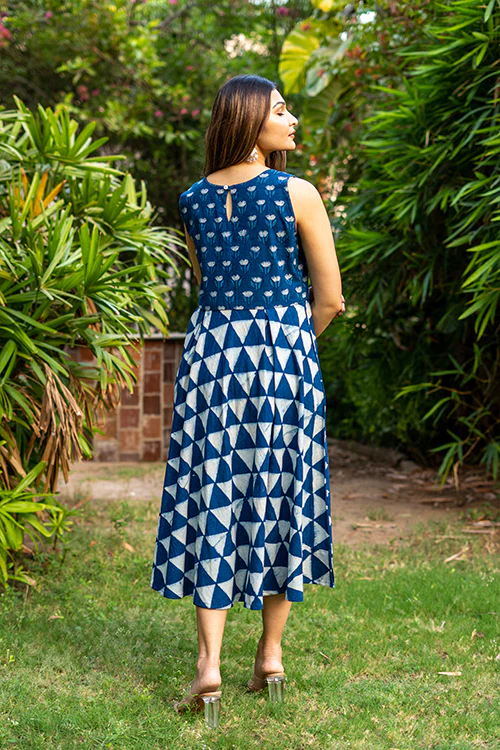 Moralfibre Handblock Printed Indigo Sleeveless Dress - Image 5