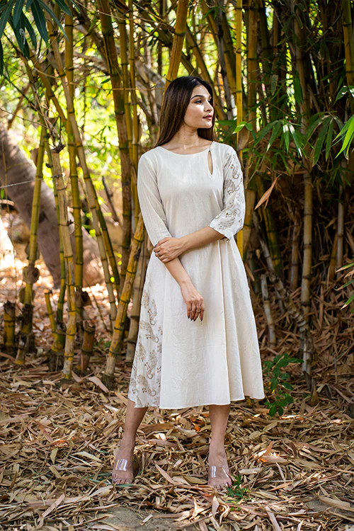Moralfibre Kora Dress With Golden Peacock Details On Muslin Asymatrical Sleeves And Kali