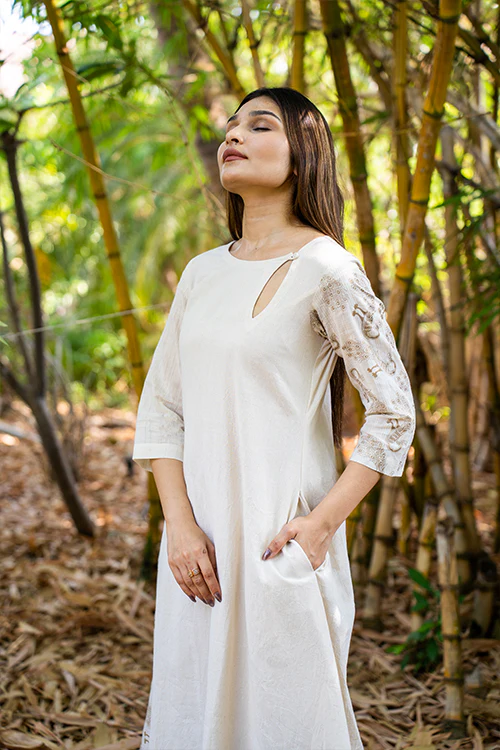 Moralfibre Kora Dress With Golden Peacock Details On Muslin Asymatrical Sleeves And Kali - Image 3