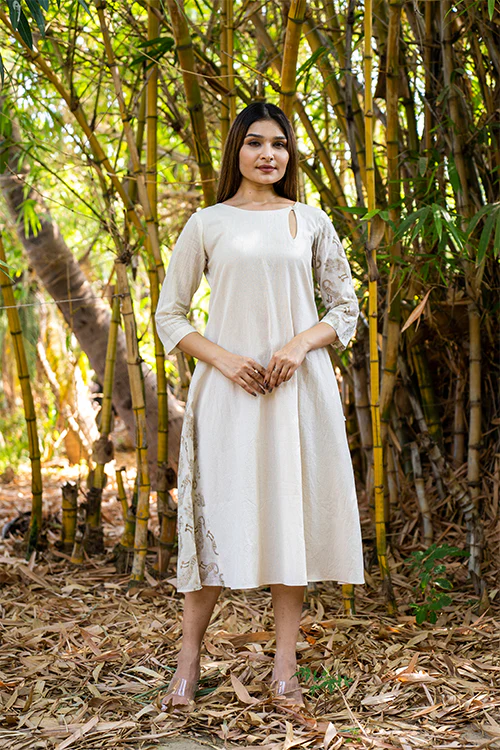 Moralfibre Kora Dress With Golden Peacock Details On Muslin Asymatrical Sleeves And Kali - Image 4