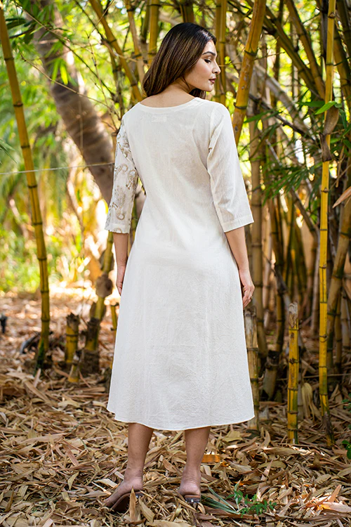 Moralfibre Kora Dress With Golden Peacock Details On Muslin Asymatrical Sleeves And Kali - Image 5
