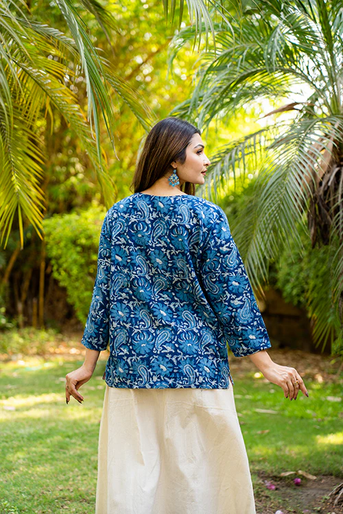 Moralfibre Mango Design Handblock Print Indigo Jacket With Colorful Lining - Image 3